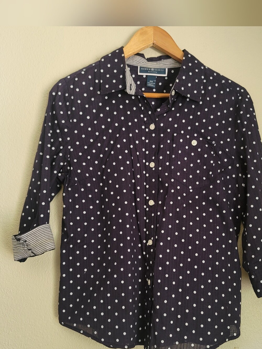 Karen Scott Navy Blue Polka Dot Button-Down Shirt